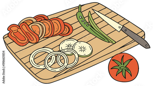 Sliced vegetables and a knife on a wooden cutting board ready for cooking