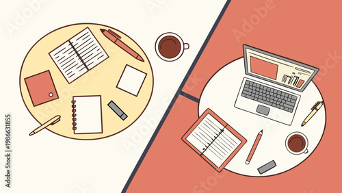 Two round table desks with office supplies and laptops for business meetings