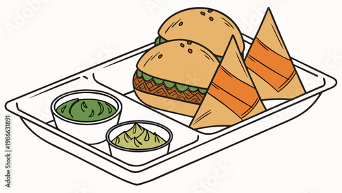 Delicious indian food on a plate with a hamburger and samosas