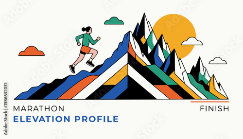 Woman runner climbs mountain with colorful elevation profile to reach finish line