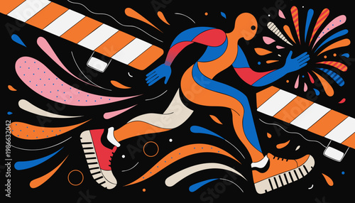 Colorful illustration of a runner crossing finish line with dynamic abstract shapes and vibrant colors celebrating achievement and success in a lively energetic scene