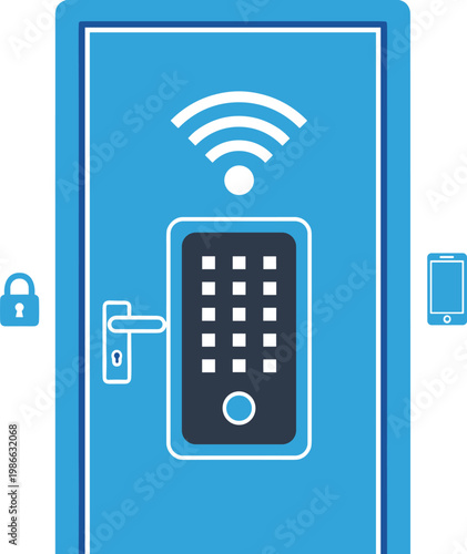 Smart door lock system blue entrance door with electronic keypad wifi signal and mobile phone remote access control icon.