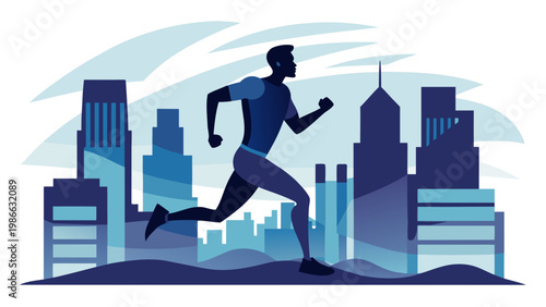 Dark blue man running through cityscape with tall buildings in background