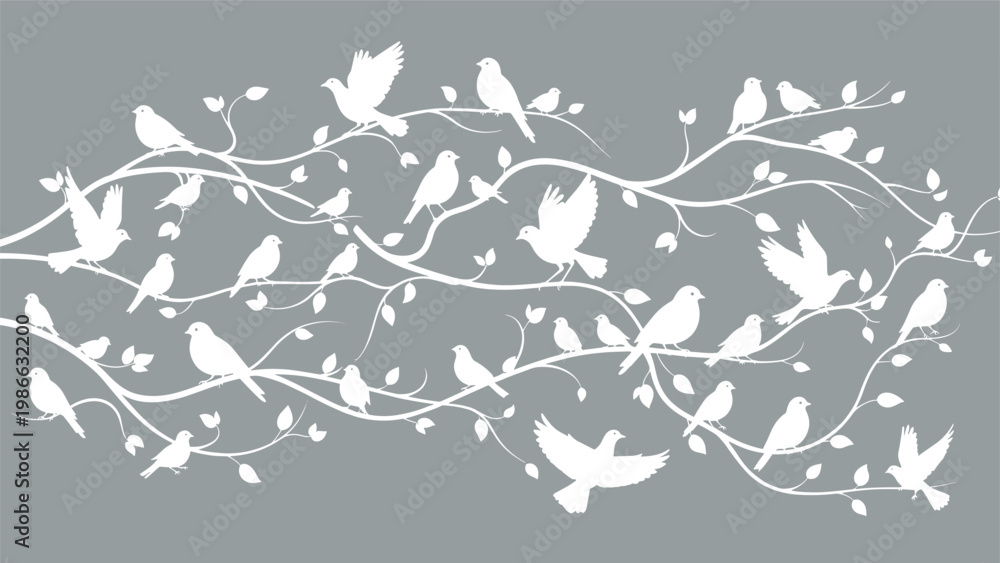 Fototapeta premium Elegant white silhouette of birds perched on swirling floral branches with leaves on a gray background, perfect for sophisticated nature designs.
