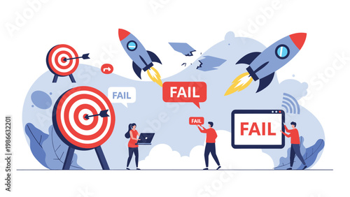 Business failure concept showing crashed rockets, missed targets, and fail labels to represent project setbacks, challenges, and lost opportunities.