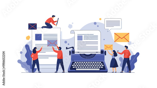 Creative team working around a large vintage typewriter with envelopes and documents, representing content creation and professional communication.