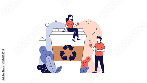 People interacting with a giant recycled coffee cup to promote environmental sustainability and the use of eco-friendly beverage packaging solutions.