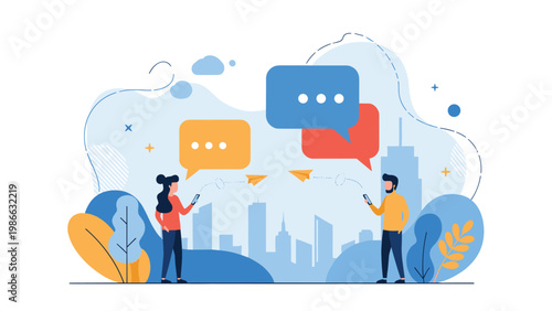 Two people communicating via mobile devices with paper planes flying between speech bubbles, symbolizing instant messaging and digital connectivity.