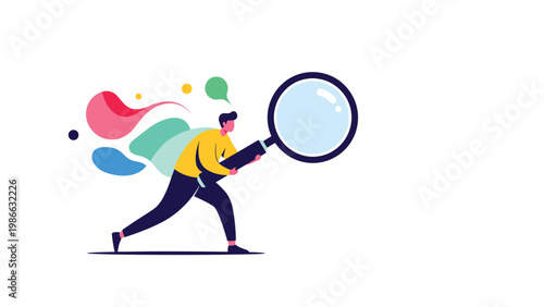 Enthusiastic character running with a giant magnifying glass to find answers or investigate data, representing active search and problem solving.