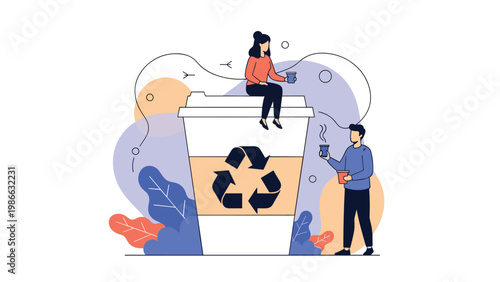 Environmental awareness concept featuring people sitting on and standing by a large recycled paper cup, highlighting sustainable living practices.