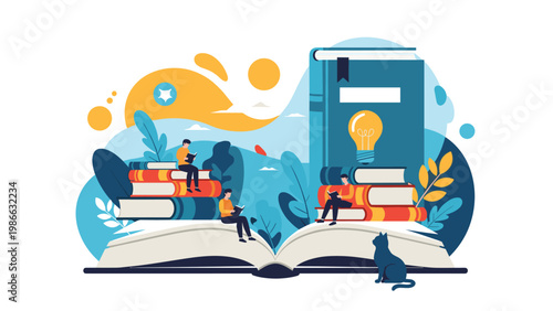 Inspirational education scene showing people reading on giant books under a glowing lightbulb, representing knowledge, creativity, and learning.