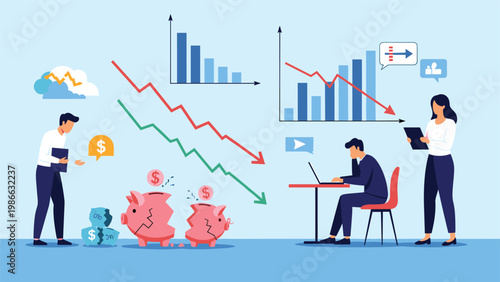 Economic recession concept with broken piggy banks, falling bar charts, and stressed workers, representing financial crisis and market instability.