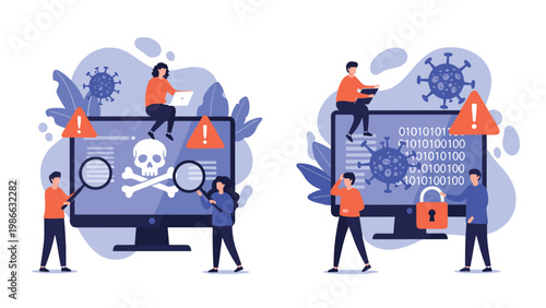 Cyber security team monitors computer screens to detect and prevent malware attacks while protecting sensitive digital information.