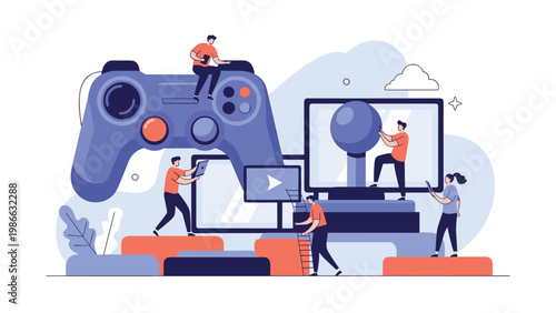 Mathematics education concept with people solving arithmetic problems on a blue background, representing learning, logic, and numerical analysis.