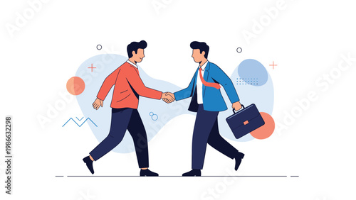 Professional business partners confirm a successful deal with a firm handshake against a background of abstract shapes and soft colors.