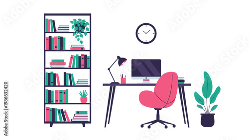 Well-organized home office or study space features a modern desk, computer, large bookshelf, and vibrant green houseplants for productivity.