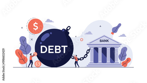 Financial struggle concept with diverse people trying to move a giant debt weight chained to a classic bank building.