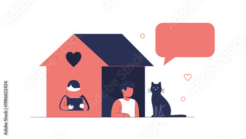 Cozy home environment shows a young couple and their pet cat enjoying a peaceful day together indoors during a stay at home period.