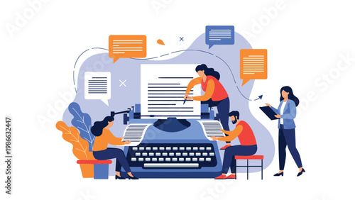 Creative team of professional copywriters and authors working together on a giant vintage typewriter machine in the office.