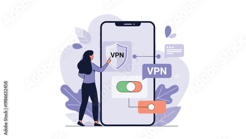 Secure internet connection and privacy concept with a woman activating a VPN service on a large modern smartphone screen.