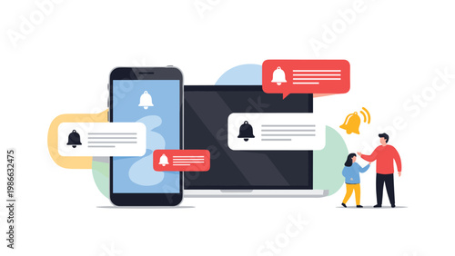 Digital notification overload and distraction concept with a mobile phone and laptop displaying numerous alert bubbles.