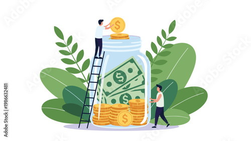 Personal financial savings concept with a team of people putting gold coins and paper cash into a large glass storage jar.