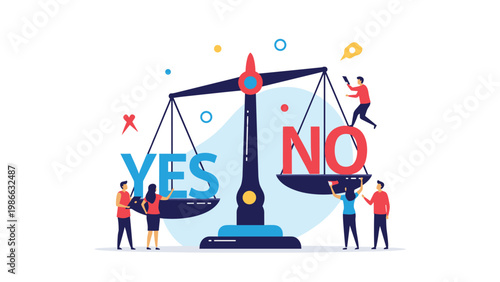 Group of diverse people working together to balance large yes and no options on a set of scales for collective decision making.