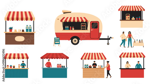 Large collection of outdoor street food stalls and a vintage food truck with vendors serving customers in an urban market.