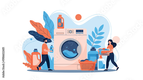 People doing domestic chores with a large washing machine laundry baskets and various bottles of cleaning detergent.