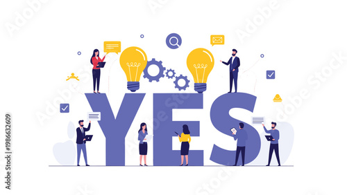 Professional team working together around the giant letters YES with lightbulbs gears and social media icons for success.