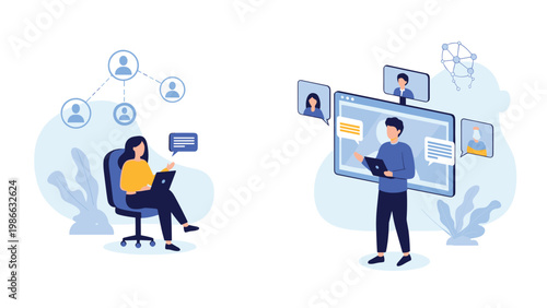 Digital nomads and remote employees working on laptops and participating in virtual meetings through a network of online professional connections.