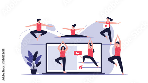 Group of diverse people practicing different yoga poses at home following an online instructor guided class on a laptop.