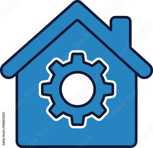 Smart house settings icon blue residence with internal mechanical gear symbol for home automation and maintenance control.