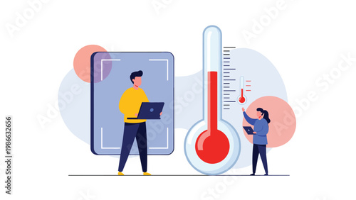 Two researchers using laptops to monitor temperature levels on a giant thermometer, symbolizing data analysis, climate change, or health tracking.