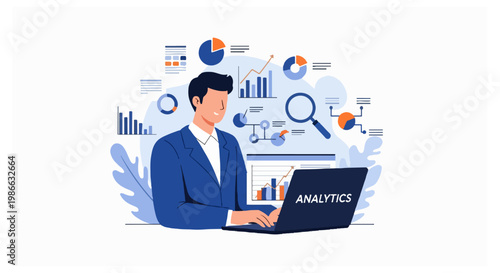 A businessman in a blue suit works on a dark laptop surrounded by colorful floating infographics like pie charts and bar graphs on a white background.
