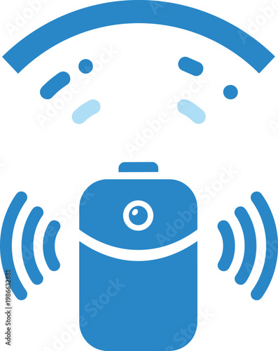 Smart speaker icon, voice assistant device with wireless signals, home automation and sound control technology.