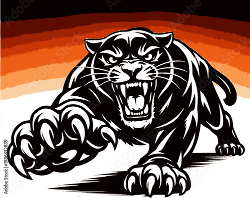 Roaring panther mascot logo with claws forward, black and white illustration on gradient background for branding