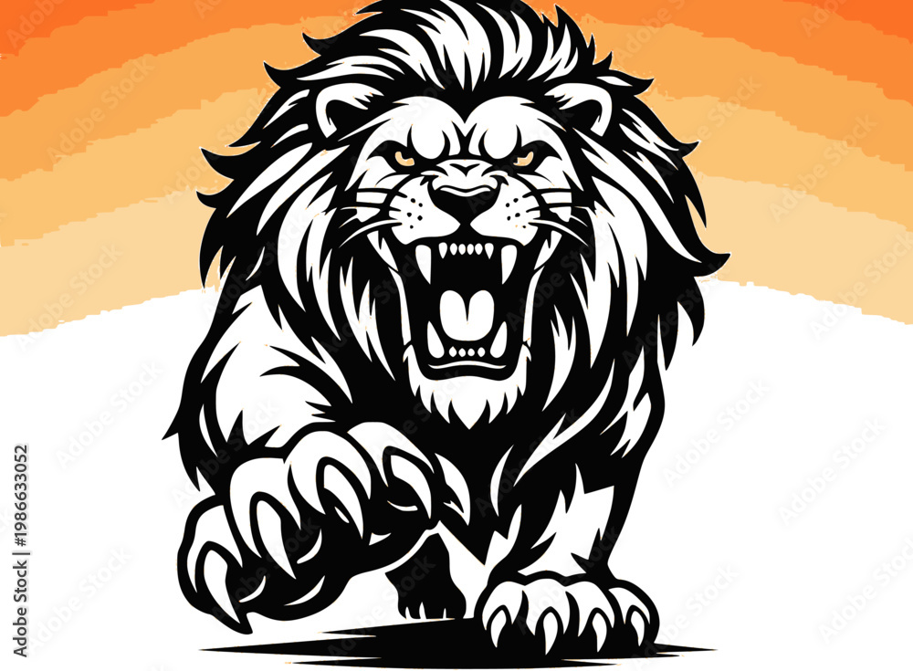 Obraz premium Roaring lion mascot illustration with orange gradient background aggressive wild animal for branding