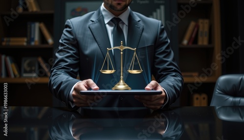 A senior lawyer in a charcoal suit standing behind a sleek black table
