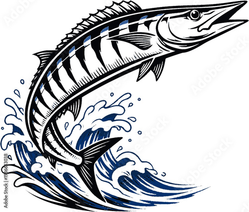 Wahoo fish jumping over ocean wave black ink illustration with splash isolated on white for branding design