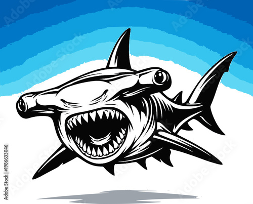 Hammerhead shark aggressive illustration open mouth isolated on blue gradient background for design