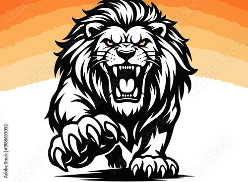 Roaring lion mascot illustration with orange gradient background aggressive wild animal for branding