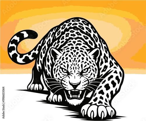 Leopard attacking forward illustration with orange background aggressive wild animal for branding design