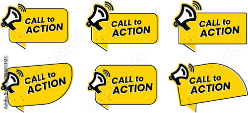 Set of yellow call to action banners with megaphone icon, promotional speech bubbles for marketing and advertising, isolated on white background