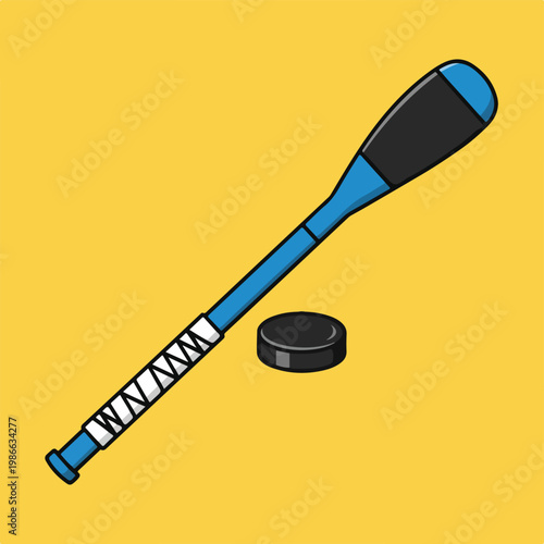 A blue hockey stick with a puck on yellow