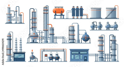 Oil Refinery Plant Illustration - Industrial Complex with Tanks and Towers.
