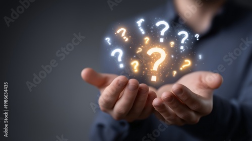 Hands cradle floating question marks, representing confusion or seeking answers