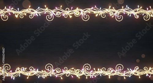 Decorative glowing fairy lights border on dark wooden background