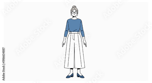 A senior woman with grey hair and glasses is standing frontally wearing a blue shirt and white wide-leg trousers on a white background.
