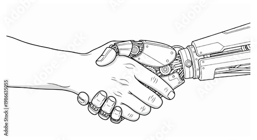 A human hand and a mechanical robot hand are shaking each other in a detailed black and white line drawing illustration.